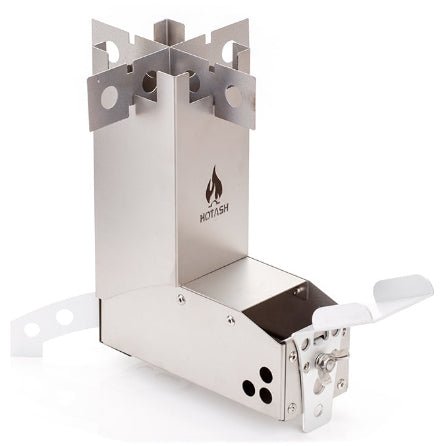 Close-up view of Hot Ash Mini Rocket Stove's titanium burn chamber