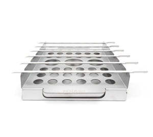 Six skewers on the grill rack