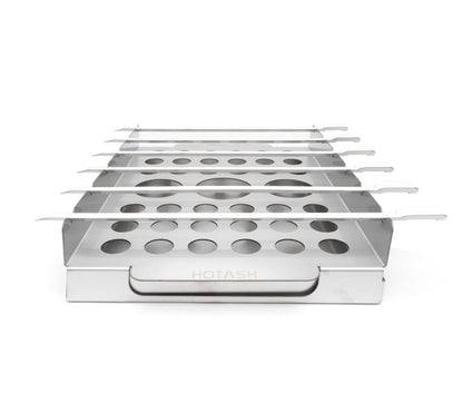 Six skewers on the grill rack