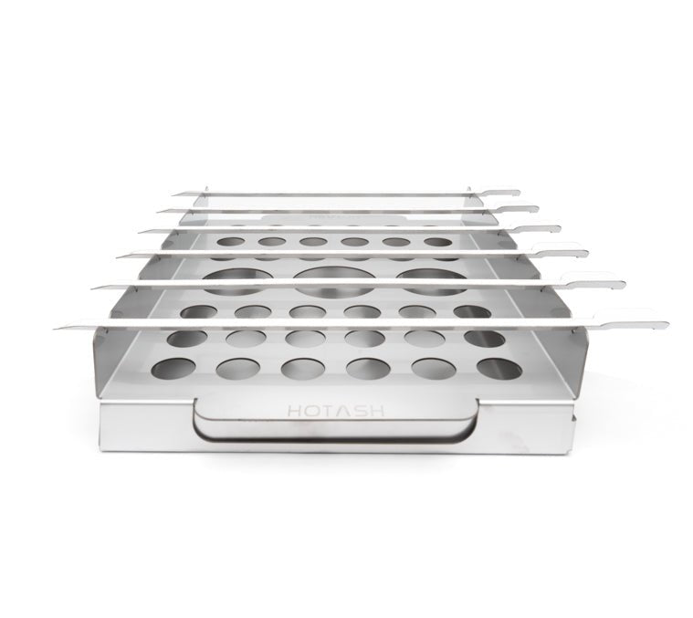Six skewers on the grill rack