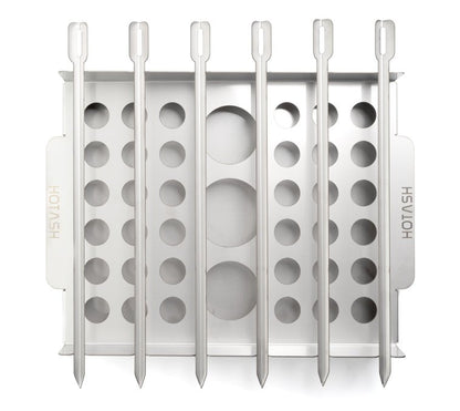 36 jalapeno popper slots, 6 skewers, a beer can holder for chicken
