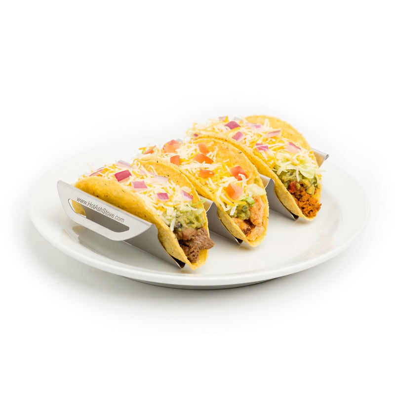 Hot Ash Stainless Steel Taco Stand holds three tacos