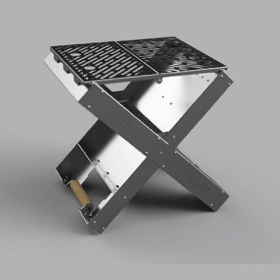 Angled perspective of Atlas X Portable Charcoal Grill highlighting grilling surface and stability
