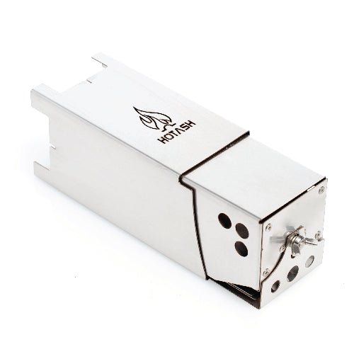 Hot Ash stainless steel rocket stove folded into compact form for storage or transport