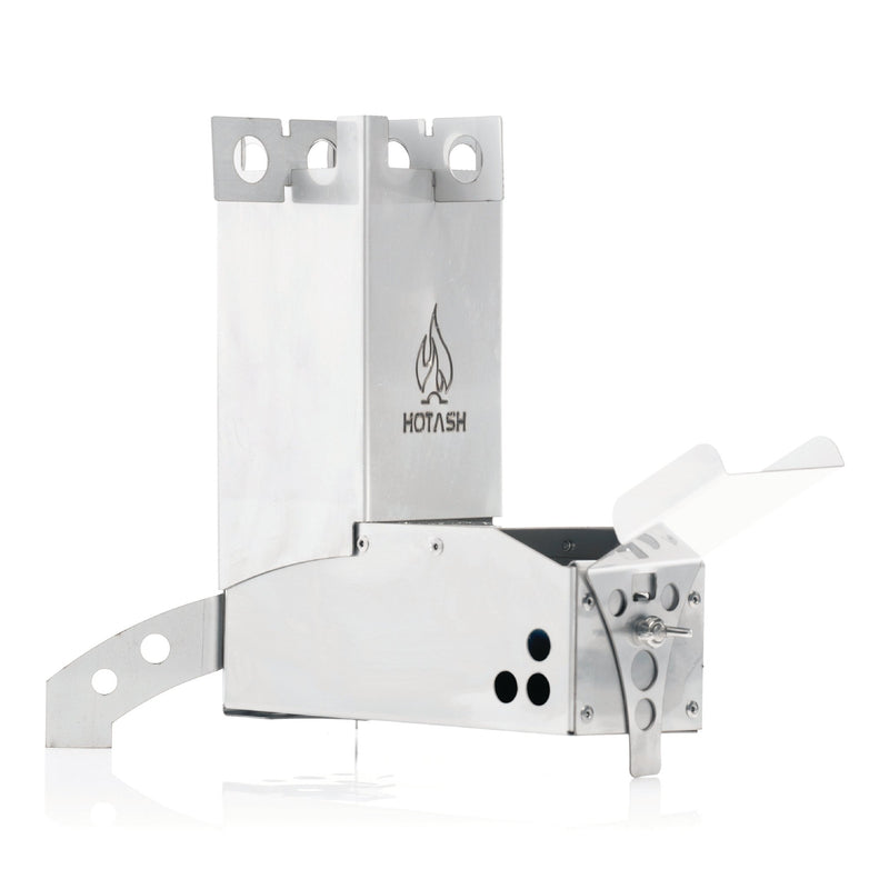 Front-facing view of the Hot Ash rocket stove with logo, showing feed tray and body structure